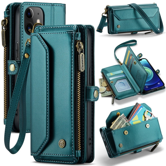 For iPhone 12 CaseMe C36 Card Slots Zipper Wallet RFID Anti-theft Leather Phone Case(Blue-green)