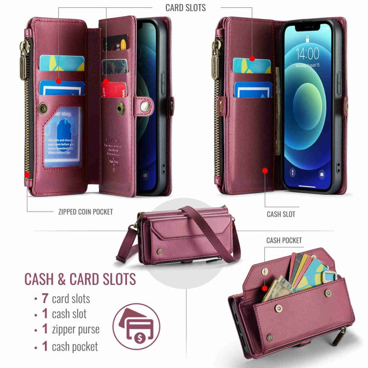 For iPhone 12 CaseMe C36 Card Slots Zipper Wallet RFID Anti-theft Leather Phone Case(Wine Red)