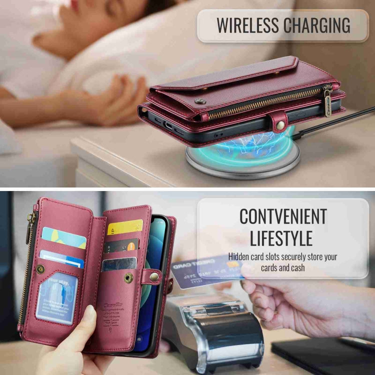 For iPhone 12 CaseMe C36 Card Slots Zipper Wallet RFID Anti-theft Leather Phone Case(Wine Red)