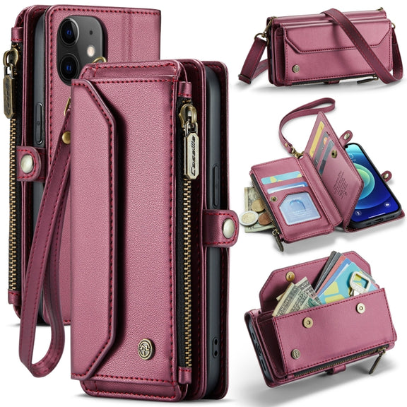 For iPhone 12 CaseMe C36 Card Slots Zipper Wallet RFID Anti-theft Leather Phone Case(Wine Red)