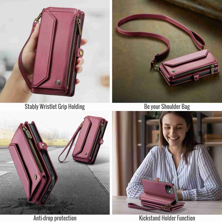 For iPhone 12 CaseMe C36 Card Slots Zipper Wallet RFID Anti-theft Leather Phone Case(Wine Red)