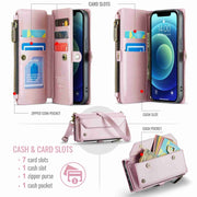 For iPhone 12 CaseMe C36 Card Slots Zipper Wallet RFID Anti-theft Leather Phone Case(Pink)