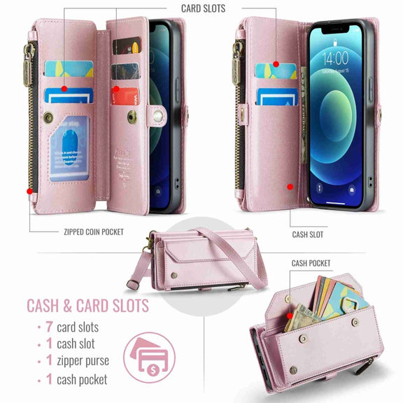 For iPhone 12 CaseMe C36 Card Slots Zipper Wallet RFID Anti-theft Leather Phone Case(Pink)