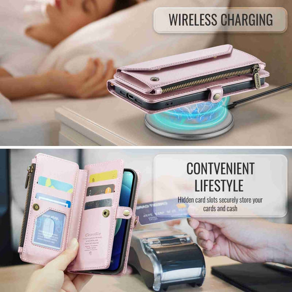 For iPhone 12 CaseMe C36 Card Slots Zipper Wallet RFID Anti-theft Leather Phone Case(Pink)