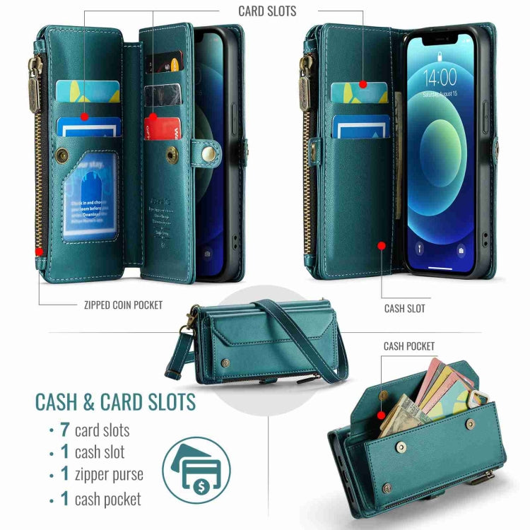 For iPhone 12 mini CaseMe C36 Card Slots Zipper Wallet RFID Anti-theft Leather Phone Case(Blue-green)