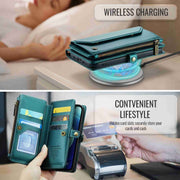For iPhone 12 mini CaseMe C36 Card Slots Zipper Wallet RFID Anti-theft Leather Phone Case(Blue-green)