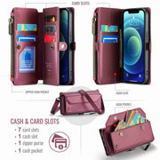 For iPhone 12 mini CaseMe C36 Card Slots Zipper Wallet RFID Anti-theft Leather Phone Case(Wine Red)
