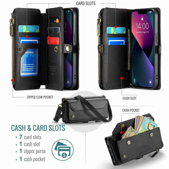 For iPhone 13 CaseMe C36 Card Slots Zipper Wallet RFID Anti-theft Leather Phone Case(Black)