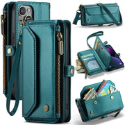For iPhone 13 CaseMe C36 Card Slots Zipper Wallet RFID Anti-theft Leather Phone Case(Blue-green)
