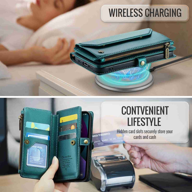 For iPhone 13 CaseMe C36 Card Slots Zipper Wallet RFID Anti-theft Leather Phone Case(Blue-green) - free shipping - PMC Jewellery - Order now!