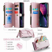 For iPhone 13 CaseMe C36 Card Slots Zipper Wallet RFID Anti-theft Leather Phone Case(Pink)