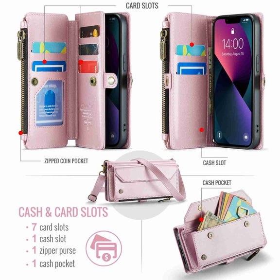 For iPhone 13 CaseMe C36 Card Slots Zipper Wallet RFID Anti-theft Leather Phone Case(Pink)