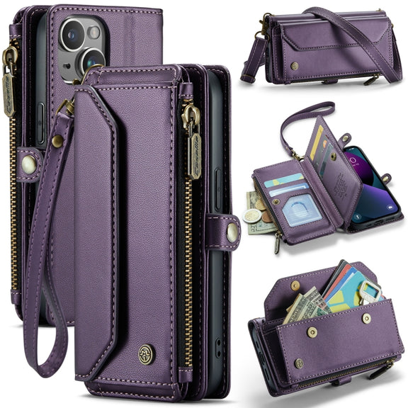 For iPhone 13 mini CaseMe C36 Card Slots Zipper Wallet RFID Anti-theft Leather Phone Case(Purple)