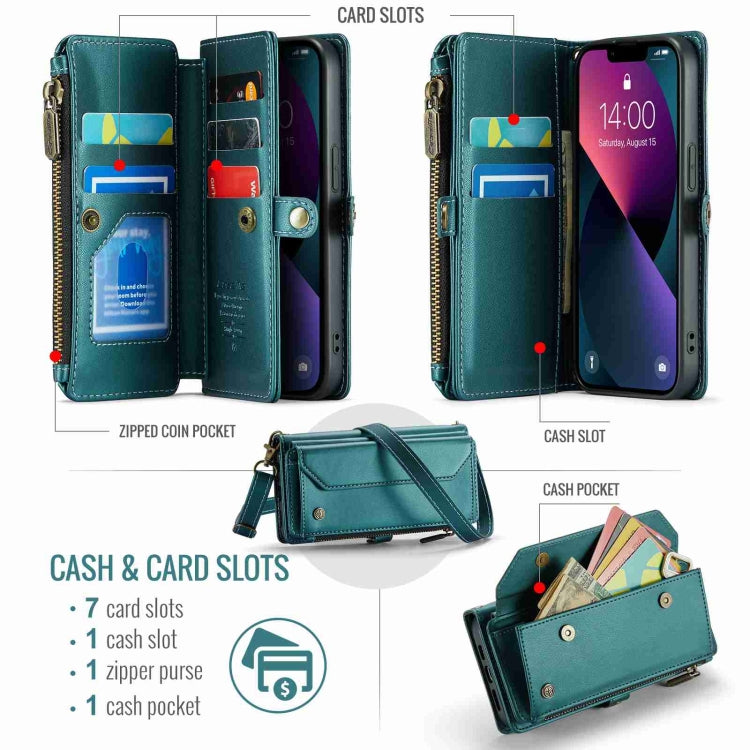 For iPhone 13 mini CaseMe C36 Card Slots Zipper Wallet RFID Anti-theft Leather Phone Case(Blue-green)