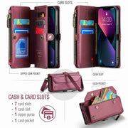 For iPhone 13 mini CaseMe C36 Card Slots Zipper Wallet RFID Anti-theft Leather Phone Case(Wine Red)