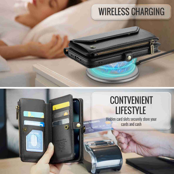 For iPhone 13 Pro CaseMe C36 Card Slots Zipper Wallet RFID Anti-theft Leather Phone Case(Black)