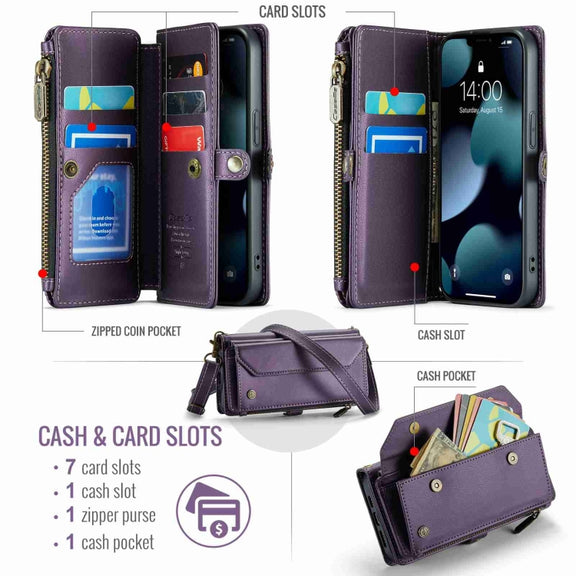 For iPhone 13 Pro CaseMe C36 Card Slots Zipper Wallet RFID Anti-theft Leather Phone Case(Purple)