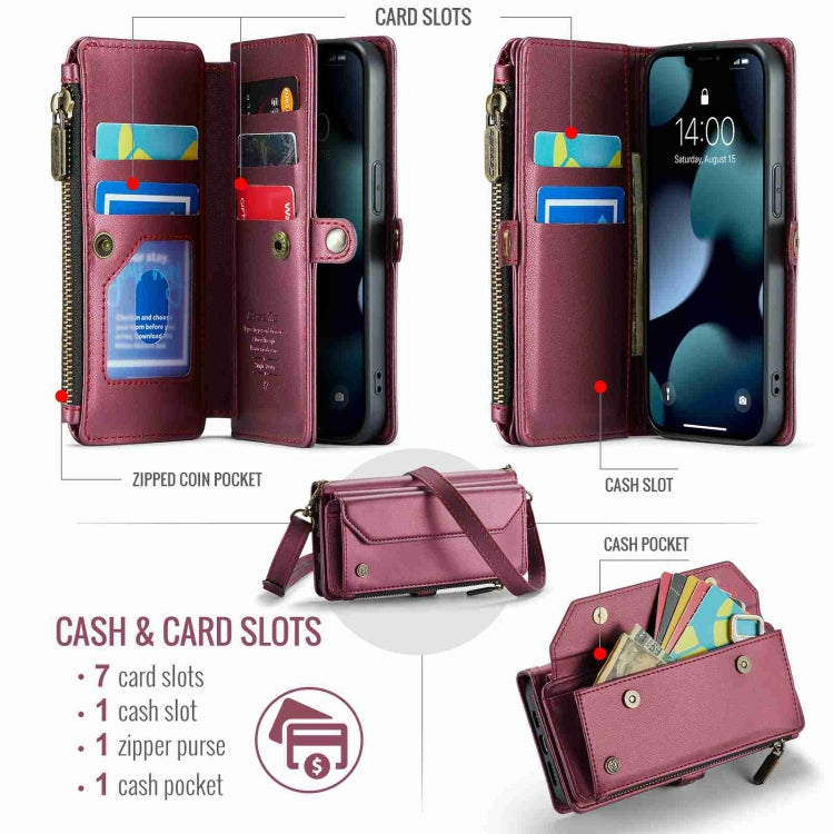 For iPhone 13 Pro CaseMe C36 Card Slots Zipper Wallet RFID Anti-theft Leather Phone Case(Wine Red)