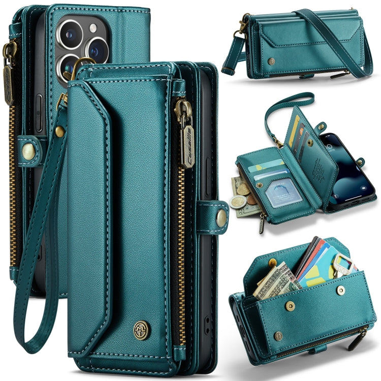 For iPhone 13 Pro Max CaseMe C36 Card Slots Zipper Wallet RFID Anti-theft Leather Phone Case(Blue-green) - free shipping - PMC Jewellery - Order now!
