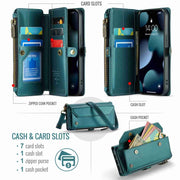 For iPhone 13 Pro Max CaseMe C36 Card Slots Zipper Wallet RFID Anti-theft Leather Phone Case(Blue-green)