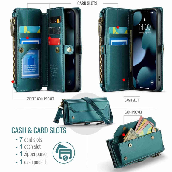 For iPhone 13 Pro Max CaseMe C36 Card Slots Zipper Wallet RFID Anti-theft Leather Phone Case(Blue-green)