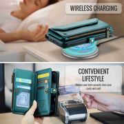 For iPhone 13 Pro Max CaseMe C36 Card Slots Zipper Wallet RFID Anti-theft Leather Phone Case(Blue-green)