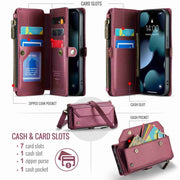For iPhone 13 Pro Max CaseMe C36 Card Slots Zipper Wallet RFID Anti-theft Leather Phone Case(Wine Red)