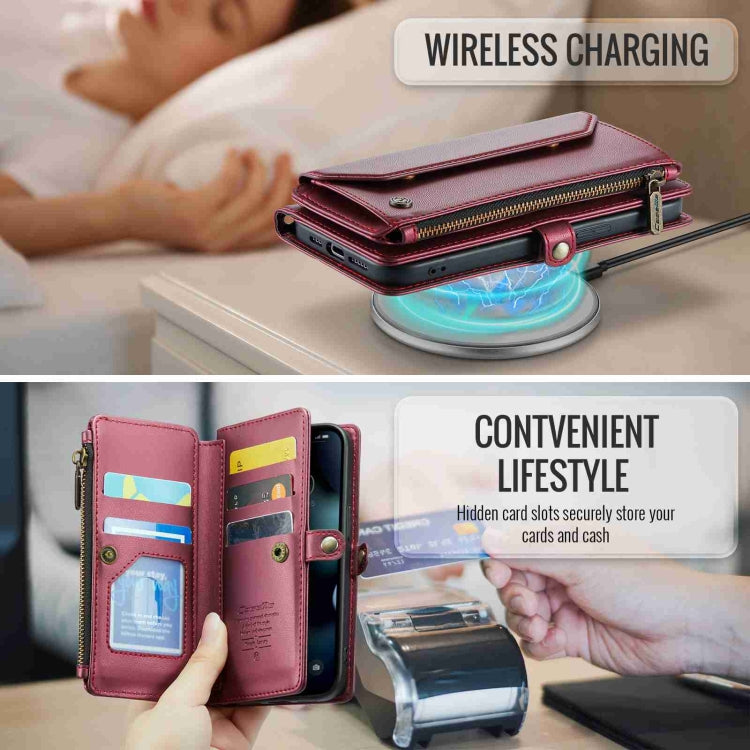 For iPhone 13 Pro Max CaseMe C36 Card Slots Zipper Wallet RFID Anti-theft Leather Phone Case(Wine Red)