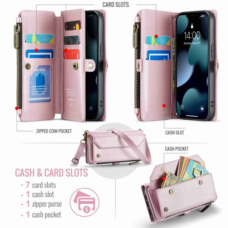 For iPhone 13 Pro Max CaseMe C36 Card Slots Zipper Wallet RFID Anti-theft Leather Phone Case(Pink)
