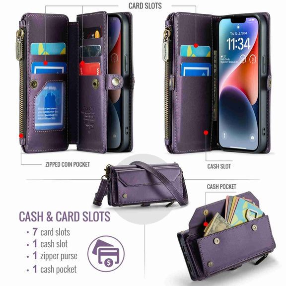 For iPhone 14 CaseMe C36 Card Slots Zipper Wallet RFID Anti-theft Leather Phone Case(Purple)