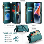 For iPhone 14 CaseMe C36 Card Slots Zipper Wallet RFID Anti-theft Leather Phone Case(Blue-green)
