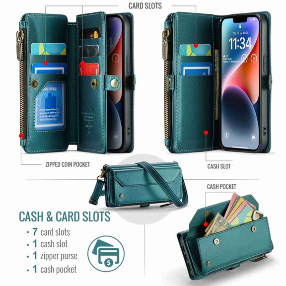 For iPhone 14 CaseMe C36 Card Slots Zipper Wallet RFID Anti-theft Leather Phone Case(Blue-green)
