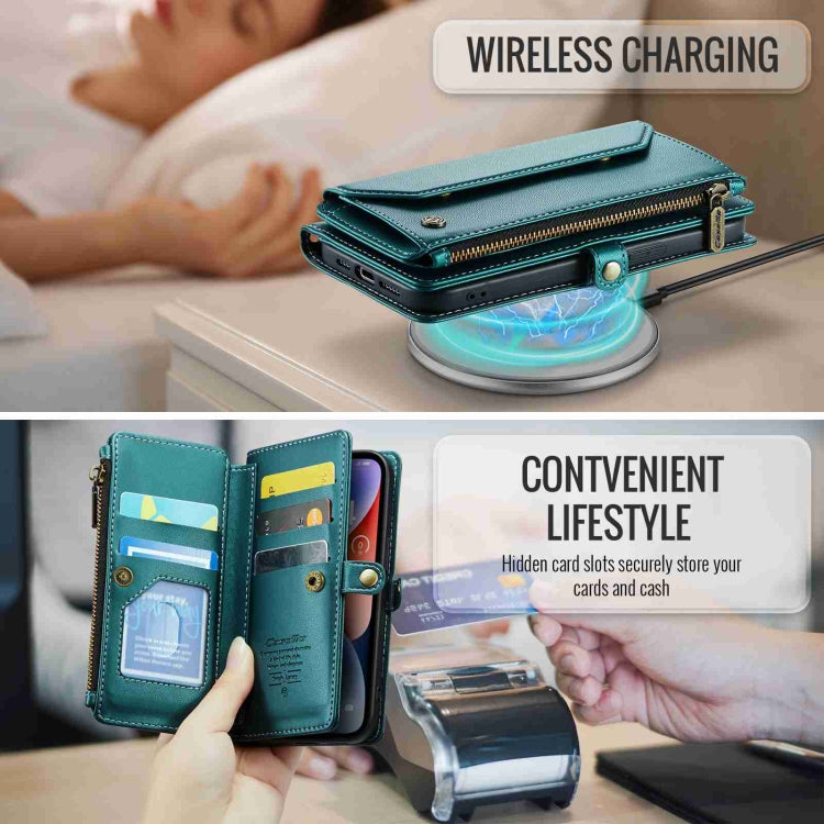 For iPhone 14 CaseMe C36 Card Slots Zipper Wallet RFID Anti-theft Leather Phone Case(Blue-green)