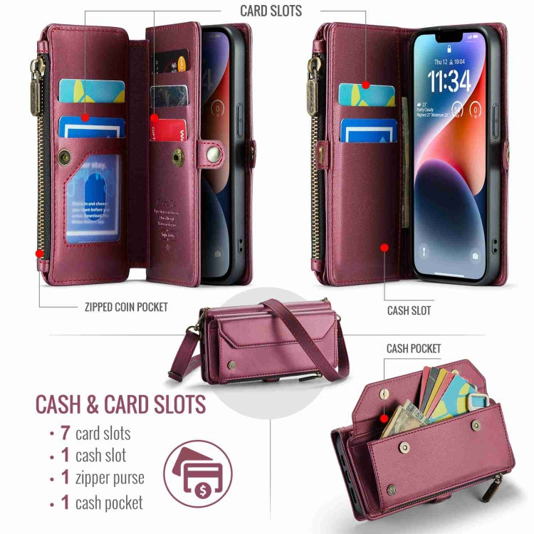 For iPhone 14 CaseMe C36 Card Slots Zipper Wallet RFID Anti-theft Leather Phone Case(Wine Red)