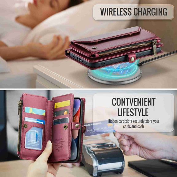 For iPhone 14 CaseMe C36 Card Slots Zipper Wallet RFID Anti-theft Leather Phone Case(Wine Red)