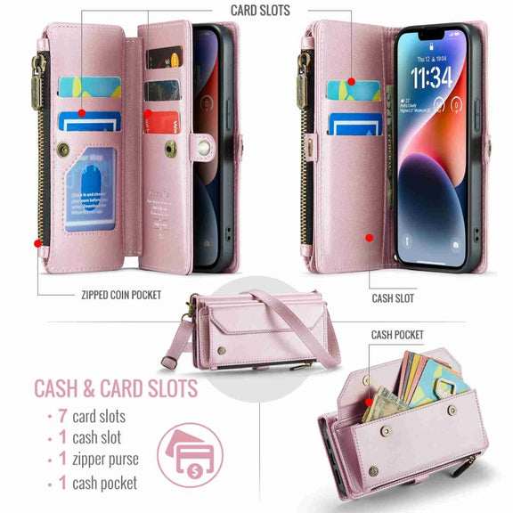 For iPhone 14 CaseMe C36 Card Slots Zipper Wallet RFID Anti-theft Leather Phone Case(Pink)