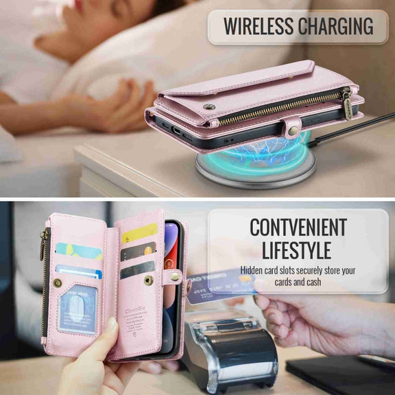 For iPhone 14 CaseMe C36 Card Slots Zipper Wallet RFID Anti-theft Leather Phone Case(Pink)