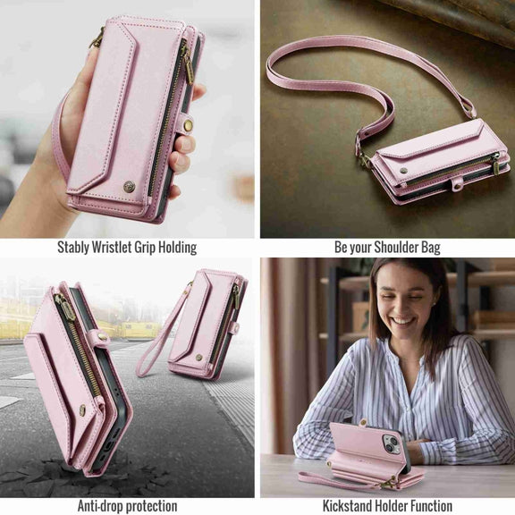 For iPhone 14 CaseMe C36 Card Slots Zipper Wallet RFID Anti-theft Leather Phone Case(Pink)