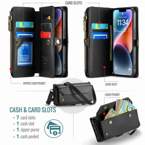 For iPhone 14 Plus CaseMe C36 Card Slots Zipper Wallet RFID Anti-theft Leather Phone Case(Black)