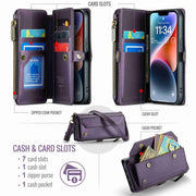 For iPhone 14 Plus CaseMe C36 Card Slots Zipper Wallet RFID Anti-theft Leather Phone Case(Purple)