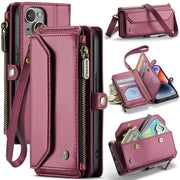 For iPhone 14 Plus CaseMe C36 Card Slots Zipper Wallet RFID Anti-theft Leather Phone Case(Wine Red)