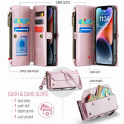 For iPhone 14 Plus CaseMe C36 Card Slots Zipper Wallet RFID Anti-theft Leather Phone Case(Pink)