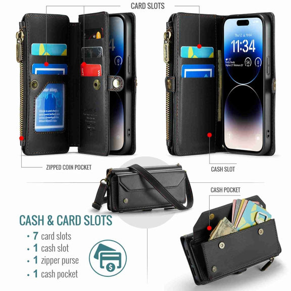 For iPhone 14 Pro CaseMe C36 Card Slots Zipper Wallet RFID Anti-theft Leather Phone Case(Black)