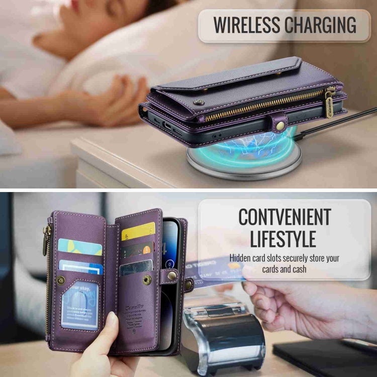 For iPhone 14 Pro CaseMe C36 Card Slots Zipper Wallet RFID Anti-theft Leather Phone Case(Purple)