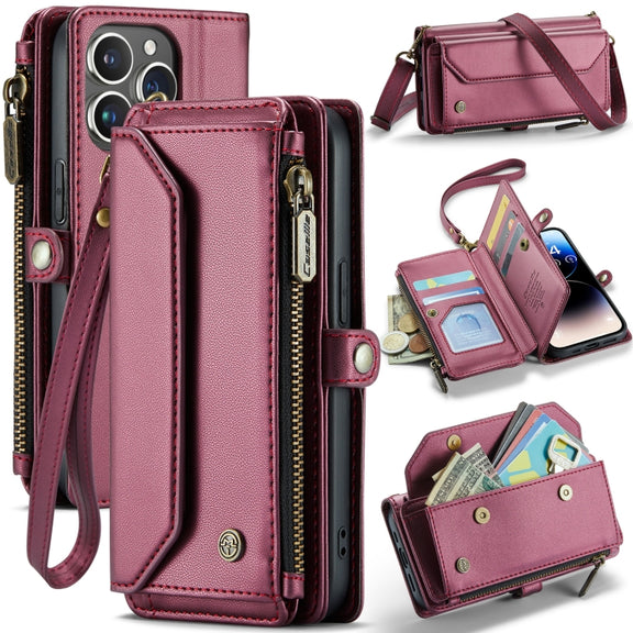 For iPhone 14 Pro CaseMe C36 Card Slots Zipper Wallet RFID Anti-theft Leather Phone Case(Wine Red)
