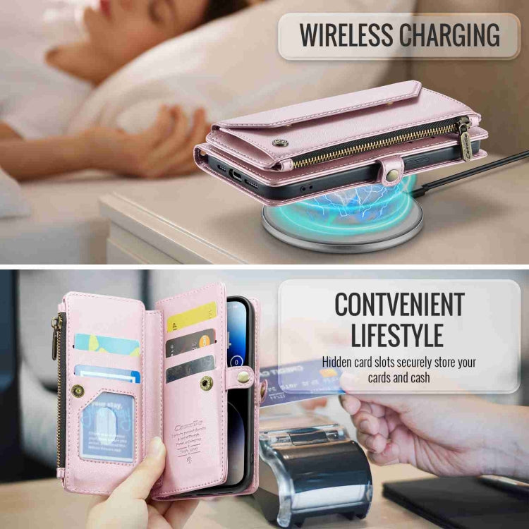 For iPhone 14 Pro CaseMe C36 Card Slots Zipper Wallet RFID Anti-theft Leather Phone Case(Pink)