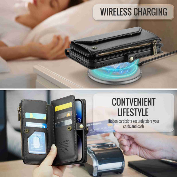 For iPhone 14 Pro Max CaseMe C36 Card Slots Zipper Wallet RFID Anti-theft Leather Phone Case(Black)