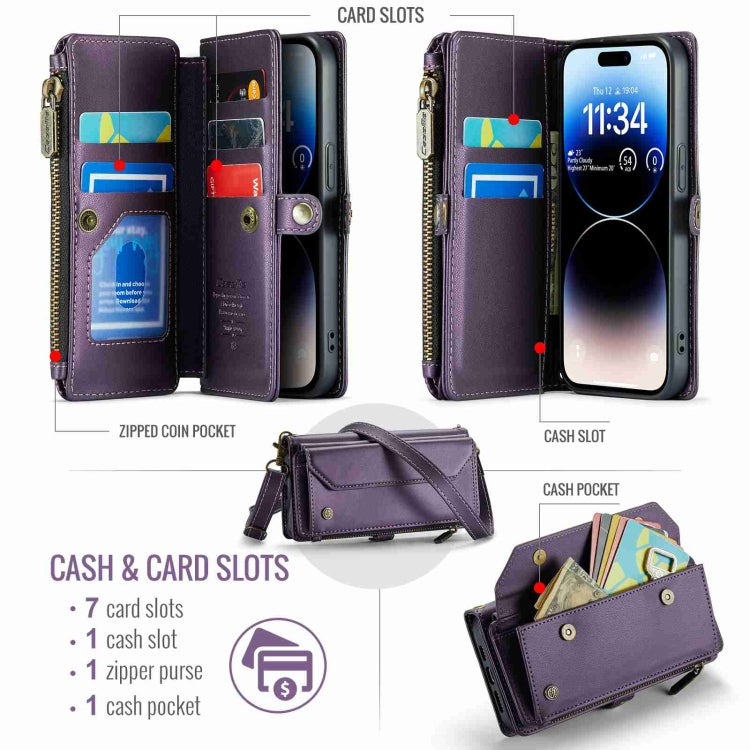 For iPhone 14 Pro Max CaseMe C36 Card Slots Zipper Wallet RFID Anti-theft Leather Phone Case(Purple)