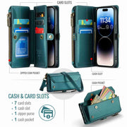 For iPhone 14 Pro Max CaseMe C36 Card Slots Zipper Wallet RFID Anti-theft Leather Phone Case(Blue-green)