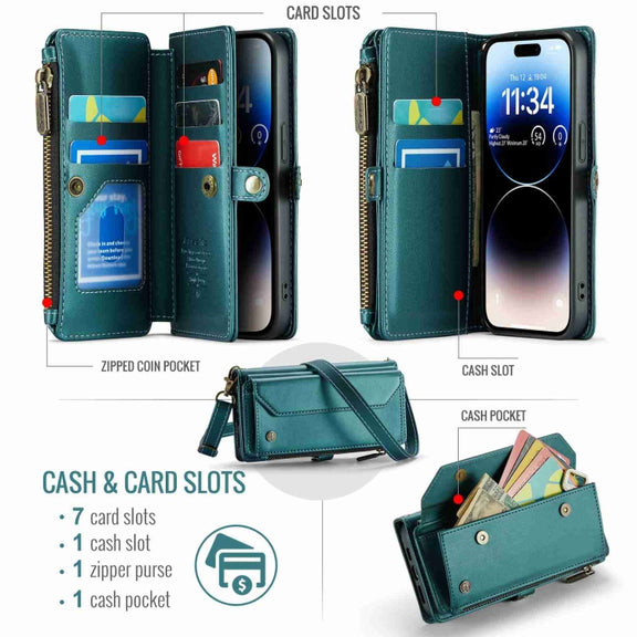 For iPhone 14 Pro Max CaseMe C36 Card Slots Zipper Wallet RFID Anti-theft Leather Phone Case(Blue-green)